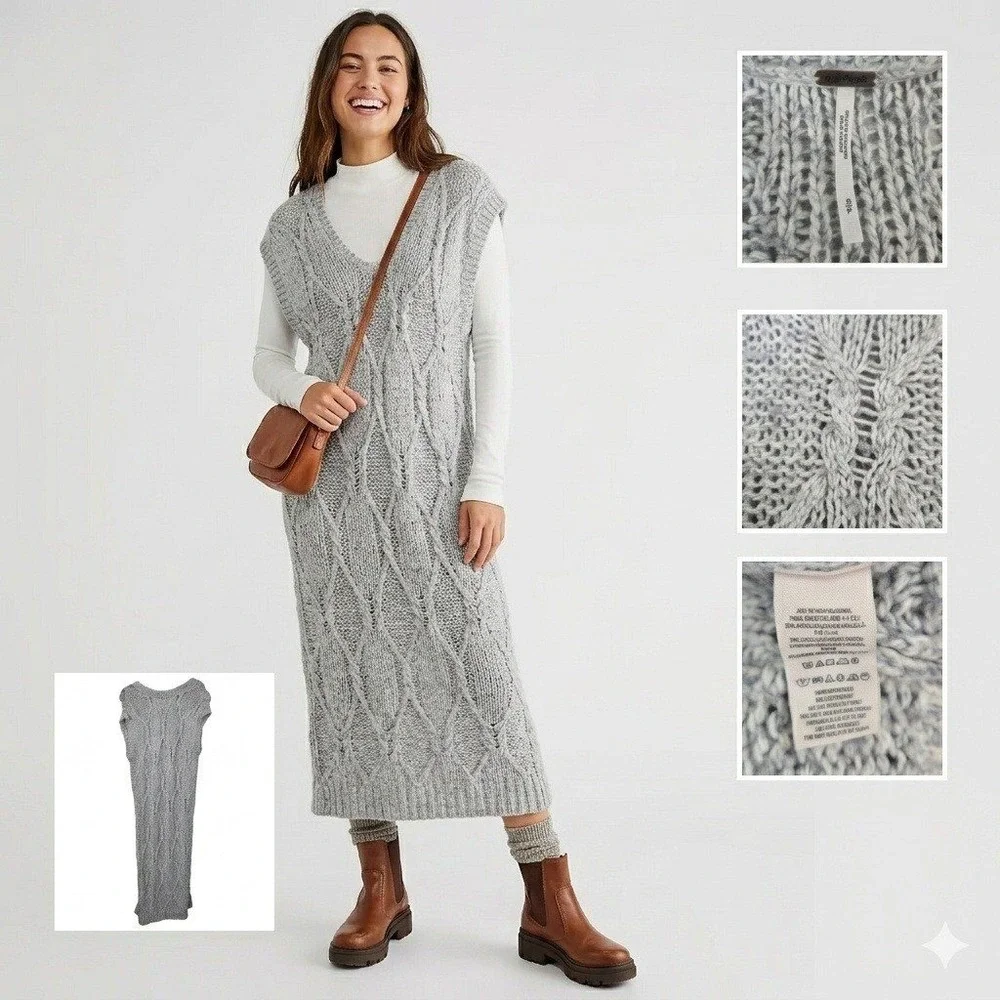 Free People Sweater‎ Dress Size S Small Gray Cable Chunky Knit Wool Angora Blend